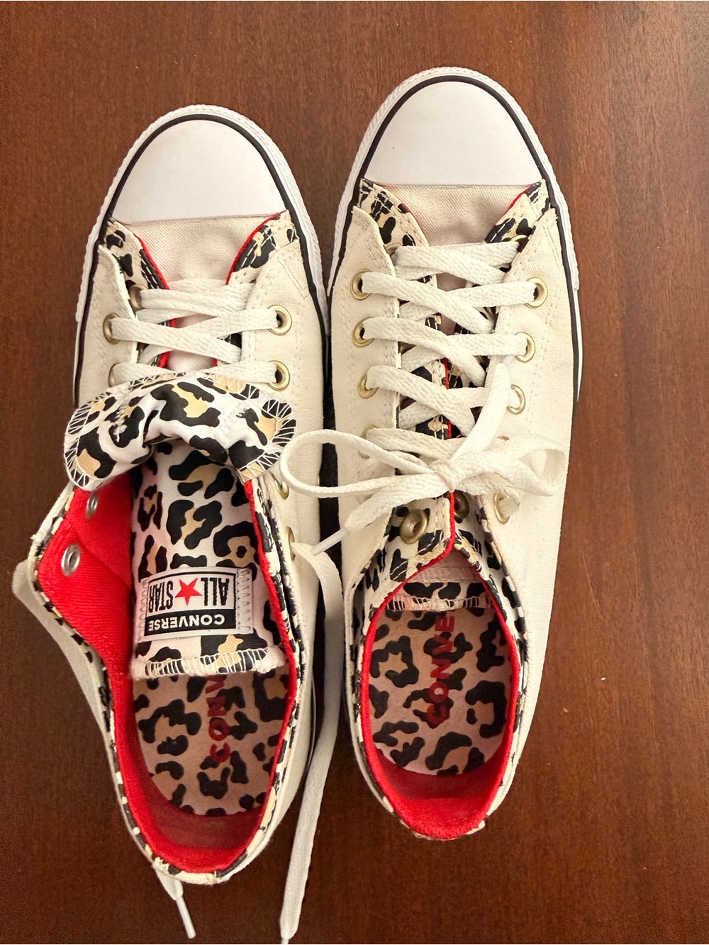 Converse Cream Low-Top Sneakers with Leopard Print and Red Accents
